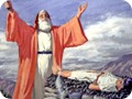 Abraham sollte seinen Sohn Isaak auf dem Altar opfern. Gott stoppte ihn und setzte als Ersatz ein Tier ein, das schlie�lich geopfert wird.<br />
